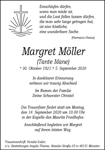 Anzeige von Margret Möller von Westfälische Nachrichten