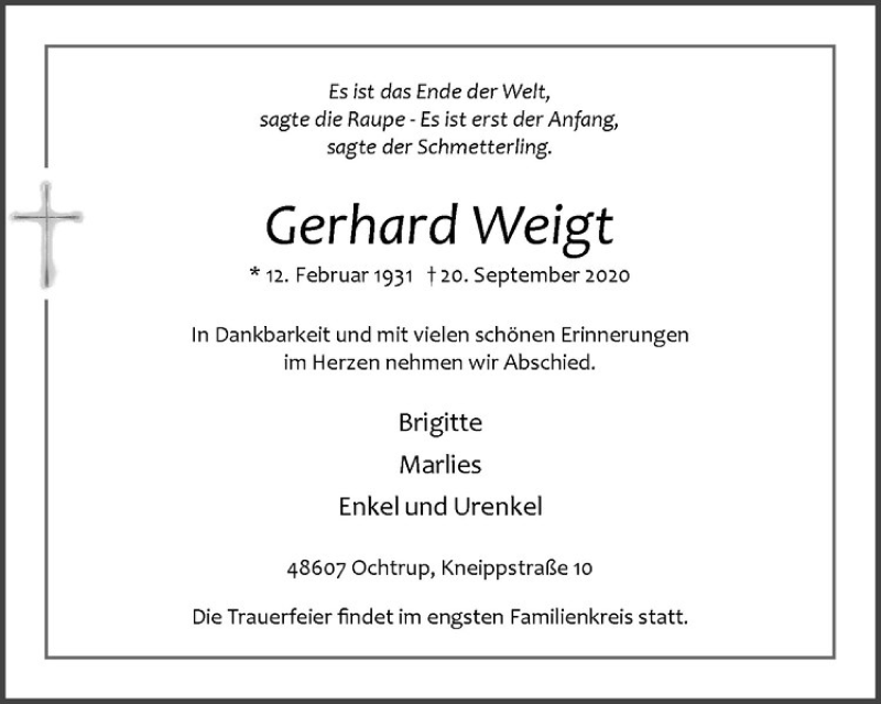  Traueranzeige für Gerhard Weigt vom 23.09.2020 aus Westfälische Nachrichten