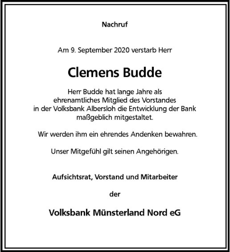 Traueranzeige für Clemens Budde vom 16.09.2020 aus Westfälische Nachrichten