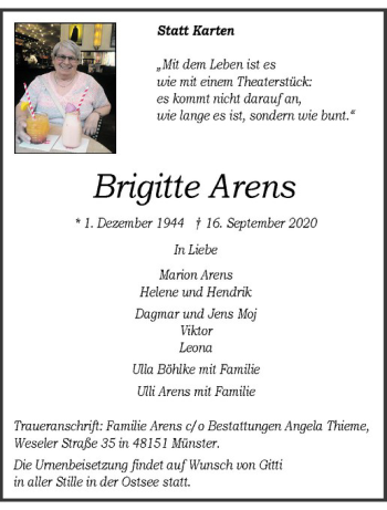Anzeige von Brigitte Arens von Westfälische Nachrichten