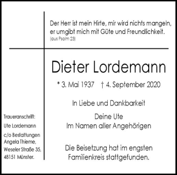 Anzeige von Dieter Lordemann von Westfälische Nachrichten