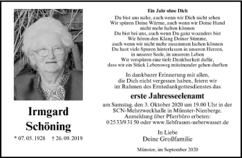 Anzeige von Irmgard Schöning von Westfälische Nachrichten
