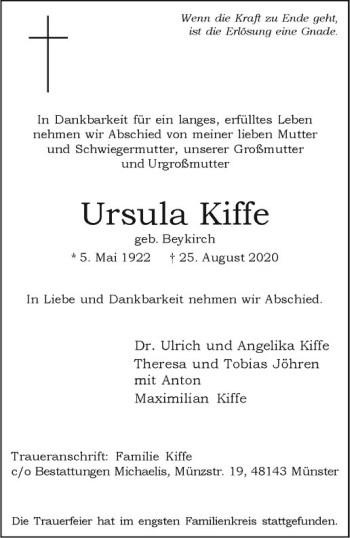 Anzeige von Ursula Kiffe von Westfälische Nachrichten