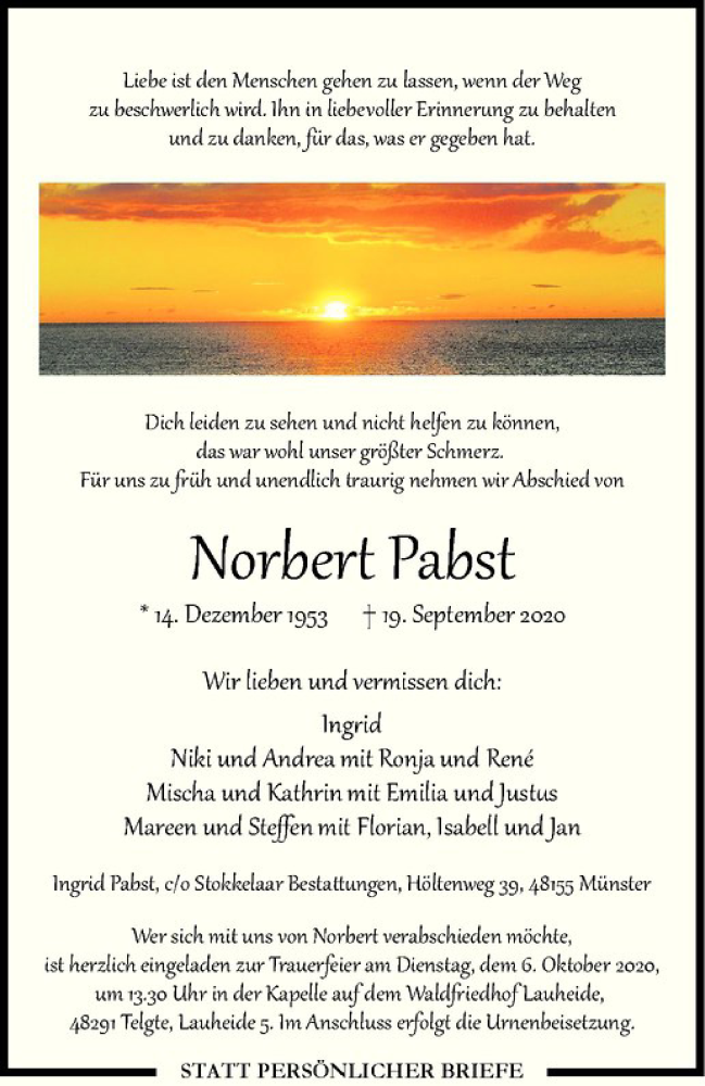  Traueranzeige für Norbert Pabst vom 26.09.2020 aus Westfälische Nachrichten