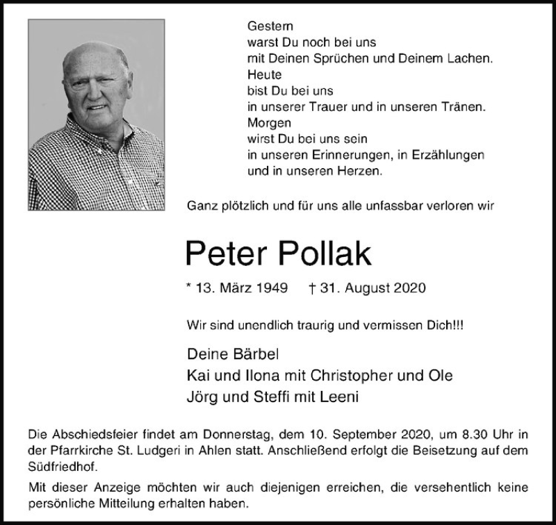  Traueranzeige für Peter Pollak vom 07.09.2020 aus Westfälische Nachrichten