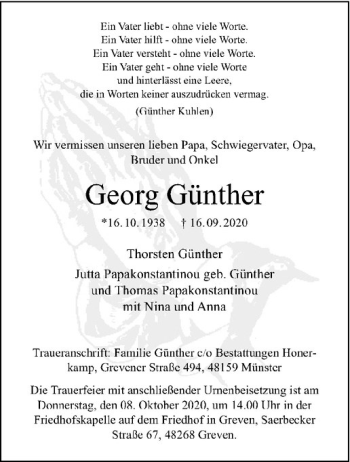 Anzeige von Georg Günther von Westfälische Nachrichten