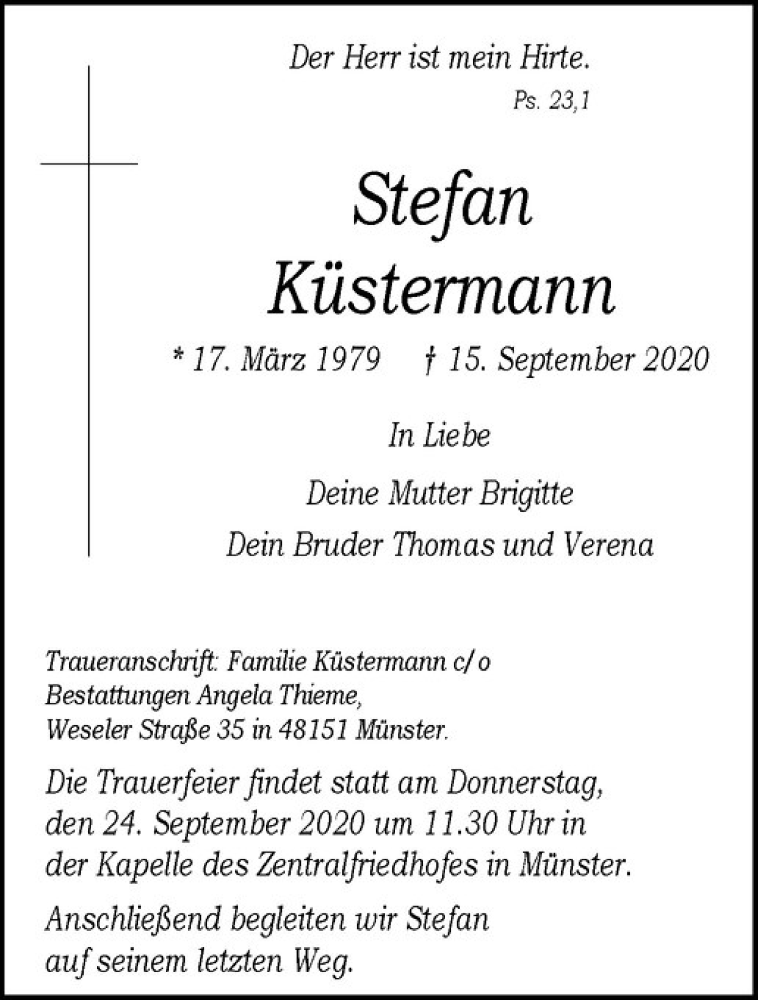  Traueranzeige für Stefan Küstermann vom 22.09.2020 aus Westfälische Nachrichten