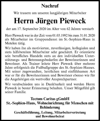 Anzeige von Jürgen Pieweck von Westfälische Nachrichten