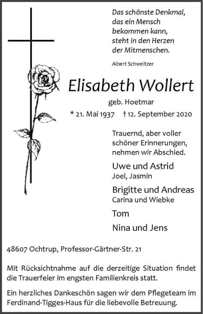  Traueranzeige für Elisabeth Wollert vom 16.09.2020 aus Westfälische Nachrichten