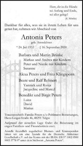 Anzeige von Antonia Peters von Westfälische Nachrichten