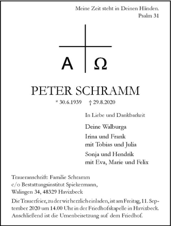 Anzeige von Peter Schramm von Westfälische Nachrichten