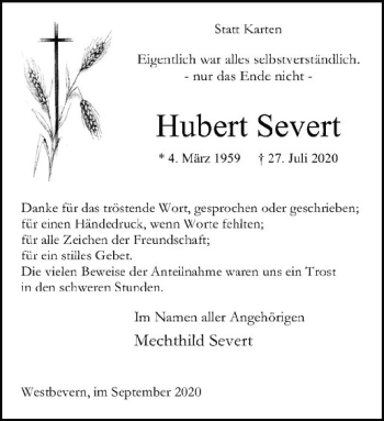 Anzeige von Hubert Severt von Westfälische Nachrichten