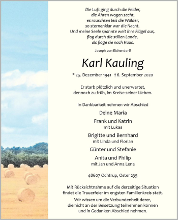 Anzeige von Karl Kauling von Westfälische Nachrichten