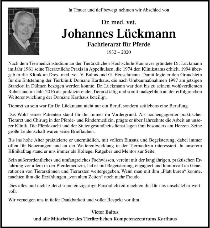  Traueranzeige für Johannes Lückmann vom 19.09.2020 aus Westfälische Nachrichten