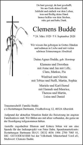 Anzeige von Clemens Budde von Westfälische Nachrichten
