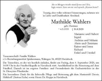 Anzeige von Mathilde Wahlers von Westfälische Nachrichten