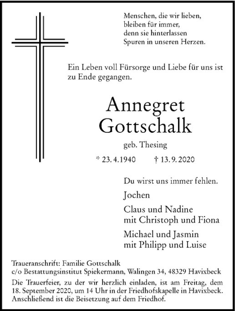  Traueranzeige für Annegret Gottschalk vom 16.09.2020 aus Westfälische Nachrichten