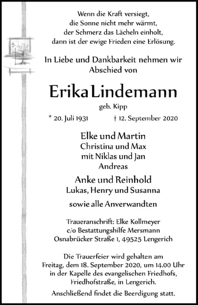  Traueranzeige für Erika Lindemann vom 16.09.2020 aus Westfälische Nachrichten