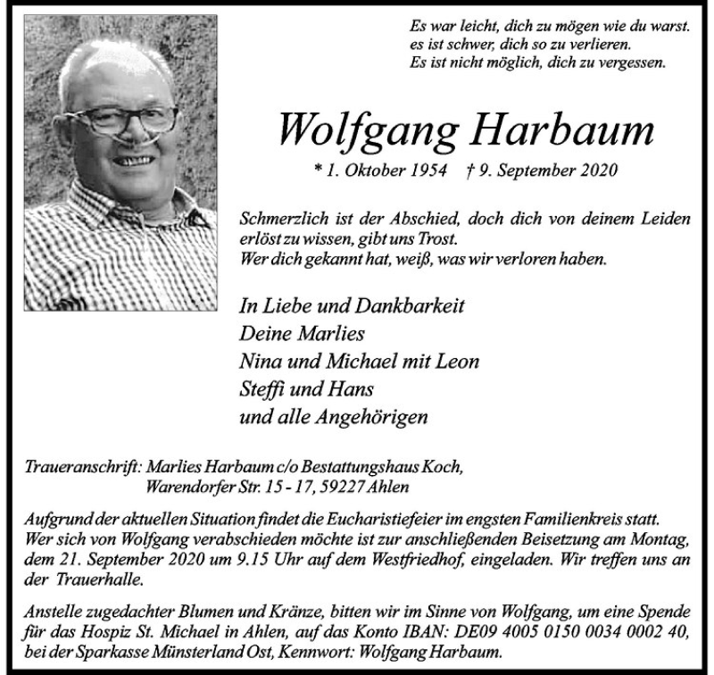  Traueranzeige für Wolfgang Harbaum vom 12.09.2020 aus Westfälische Nachrichten