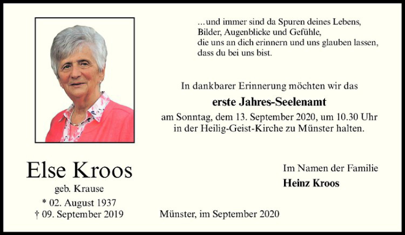  Traueranzeige für Else Kroos vom 10.09.2020 aus Westfälische Nachrichten