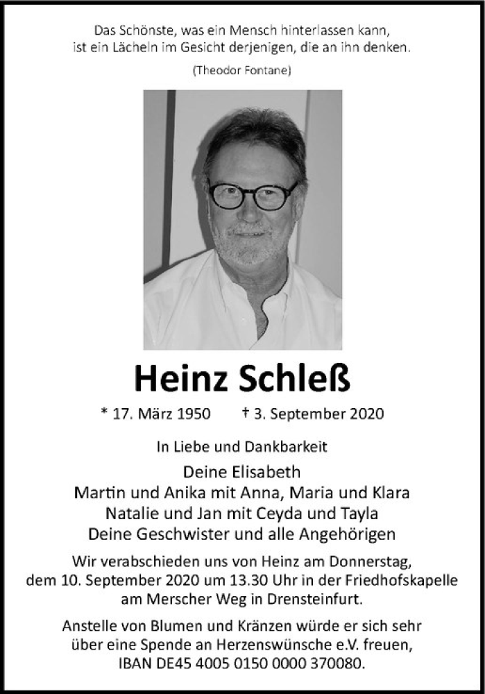  Traueranzeige für Heinz Schleß vom 09.09.2020 aus Westfälische Nachrichten