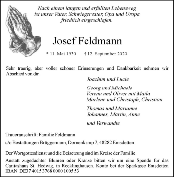 Anzeige von Josef Feldmann von Westfälische Nachrichten