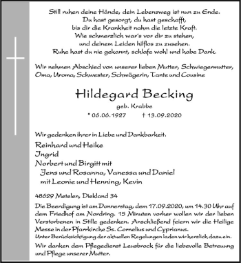 Anzeige von Hildegard Becking von Westfälische Nachrichten