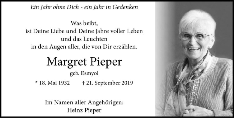  Traueranzeige für Margret Pieper vom 19.09.2020 aus Westfälische Nachrichten