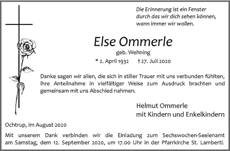  Traueranzeige für Else Ommerle vom 09.09.2020 aus Westfälische Nachrichten
