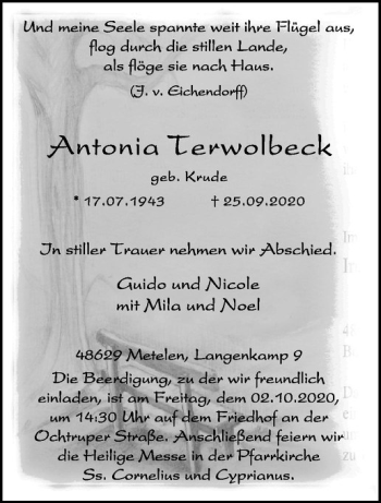 Anzeige von Antonia Terwolbeck von Westfälische Nachrichten