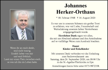 Anzeige von Johannes Herker-Orthaus von Westfälische Nachrichten