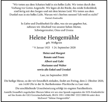 Anzeige von Helene Hengemühle von Westfälische Nachrichten