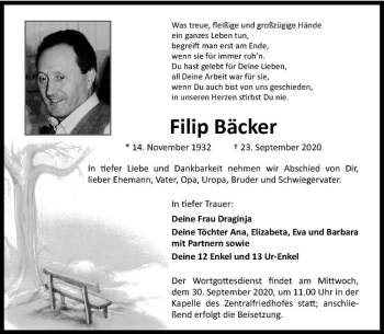 Anzeige von Filip Bäcker von Westfälische Nachrichten
