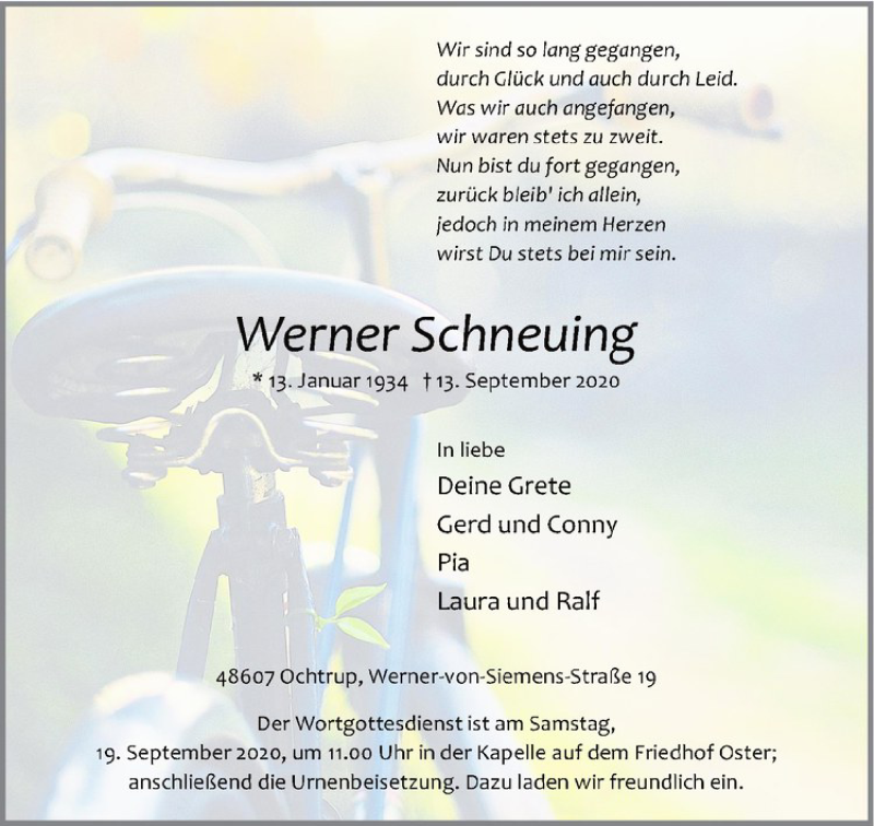  Traueranzeige für Werner Schneuing vom 17.09.2020 aus Westfälische Nachrichten