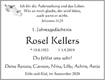 Anzeige von Rosel Kellers von Westfälische Nachrichten