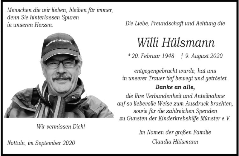  Traueranzeige für Willi Hülsmannn vom 19.09.2020 aus Westfälische Nachrichten