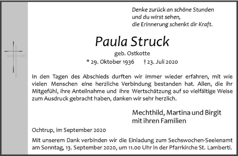  Traueranzeige für Paula Struck vom 09.09.2020 aus Westfälische Nachrichten