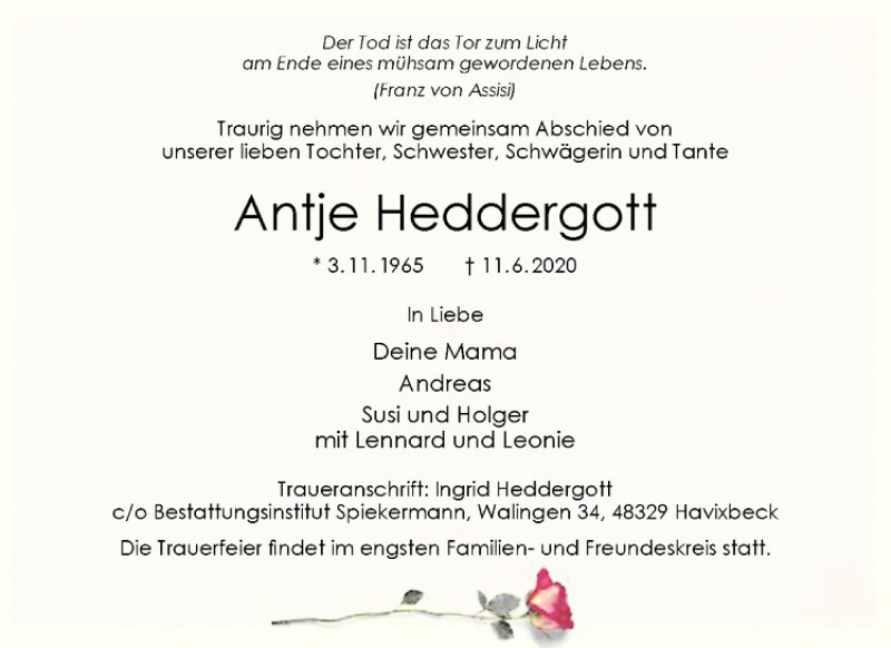  Traueranzeige für Antje Heddergott vom 20.06.2020 aus Westfälische Nachrichten