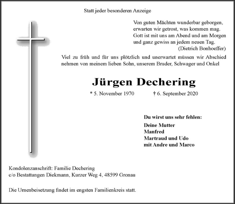  Traueranzeige für Jürgen Dechering vom 12.09.2020 aus Westfälische Nachrichten