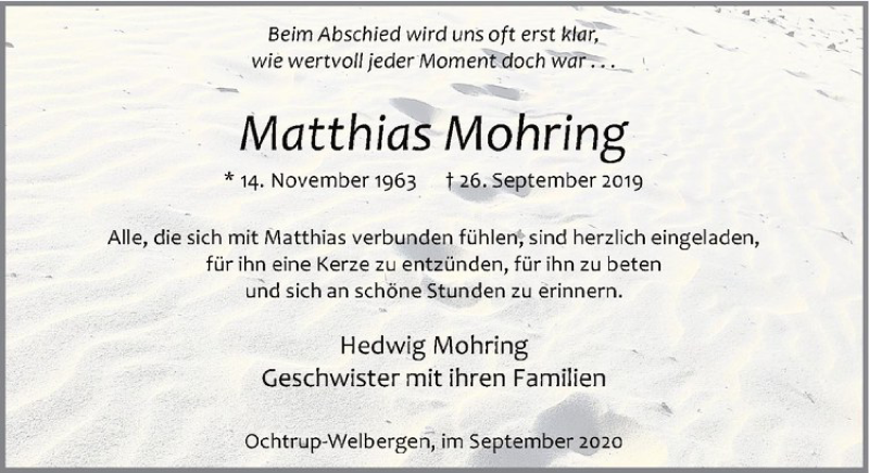  Traueranzeige für Matthias Mohring vom 23.09.2020 aus Westfälische Nachrichten