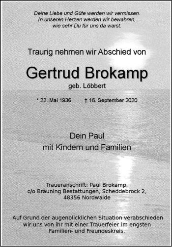 Anzeige von Gertrud Brokamp von Westfälische Nachrichten