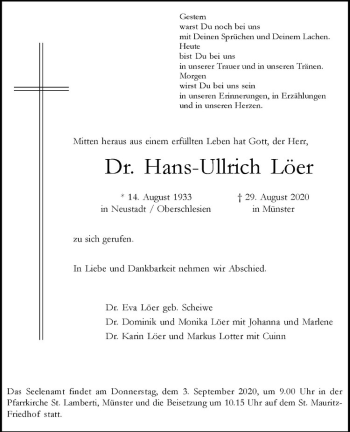 Anzeige von Hans-Ullrich Dr. Löer von Westfälische Nachrichten