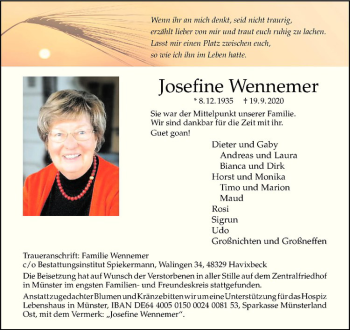 Anzeige von Josefine Wennemer von Westfälische Nachrichten