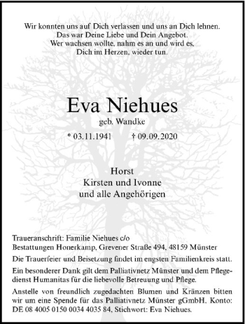 Anzeige von Eva Niehues von Westfälische Nachrichten