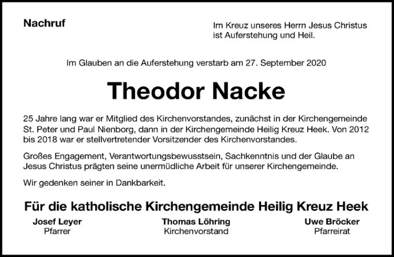  Traueranzeige für Theodor Nacke vom 30.09.2020 aus Westfälische Nachrichten