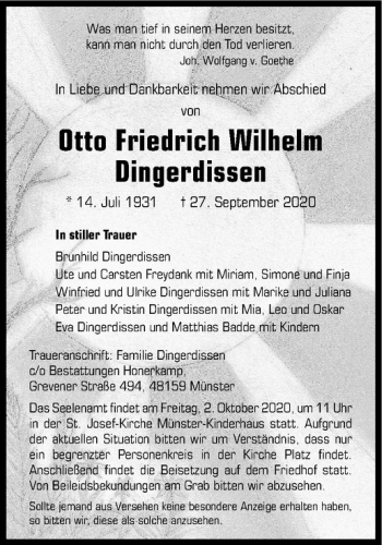 Anzeige von Otto Friedrich Wihelm Dingerdissen von Westfälische Nachrichten