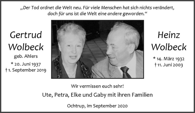  Traueranzeige für Heinz Wolbeck vom 01.09.2020 aus Westfälische Nachrichten