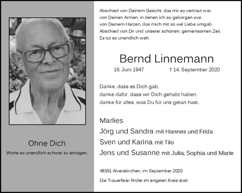  Traueranzeige für Bernd Linnemann vom 16.09.2020 aus Westfälische Nachrichten