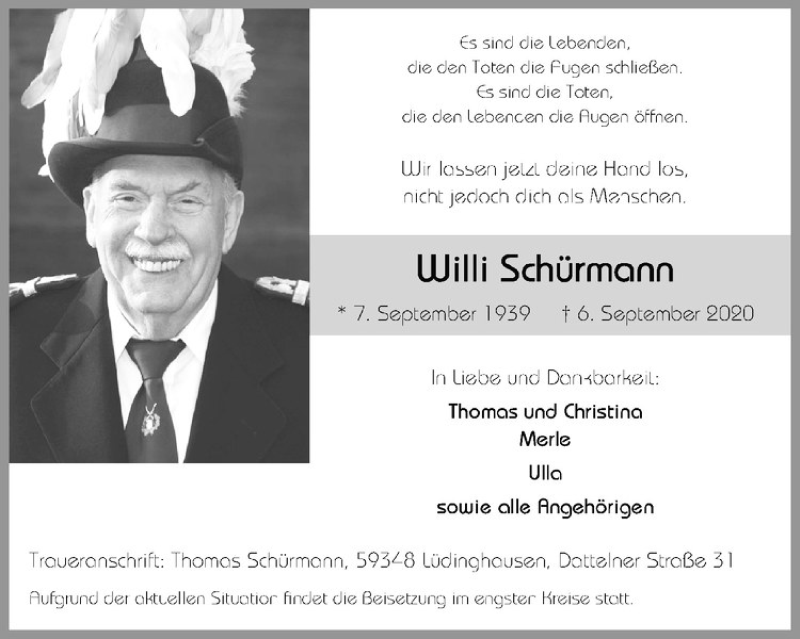  Traueranzeige für Willi Schürmann vom 10.09.2020 aus Westfälische Nachrichten