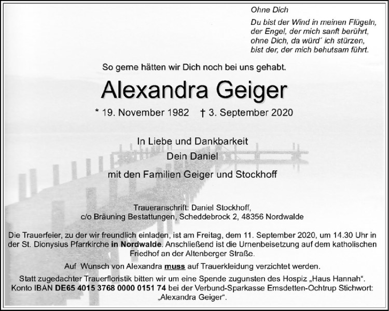  Traueranzeige für Alexandra Geiger vom 09.09.2020 aus Westfälische Nachrichten